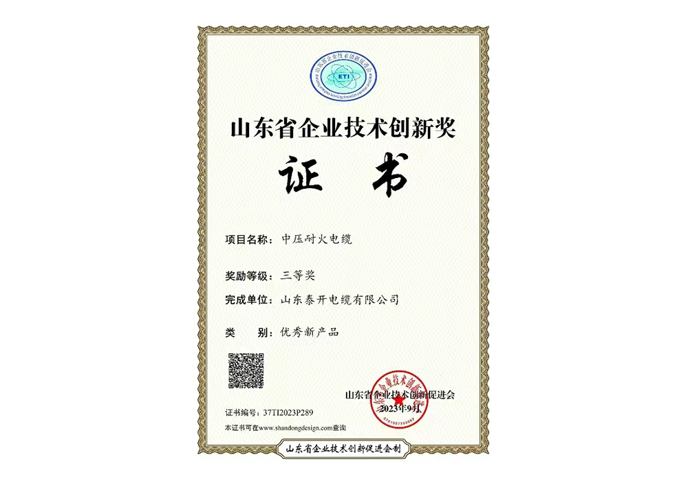 優(yōu)秀新產(chǎn)品獎(jiǎng)（中壓耐火電纜）